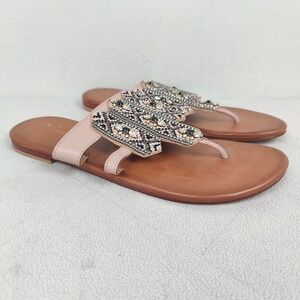 Anthropologie Embellished Beaded T-Strap Sandals Womens 37 7 Flats Summer Shoes